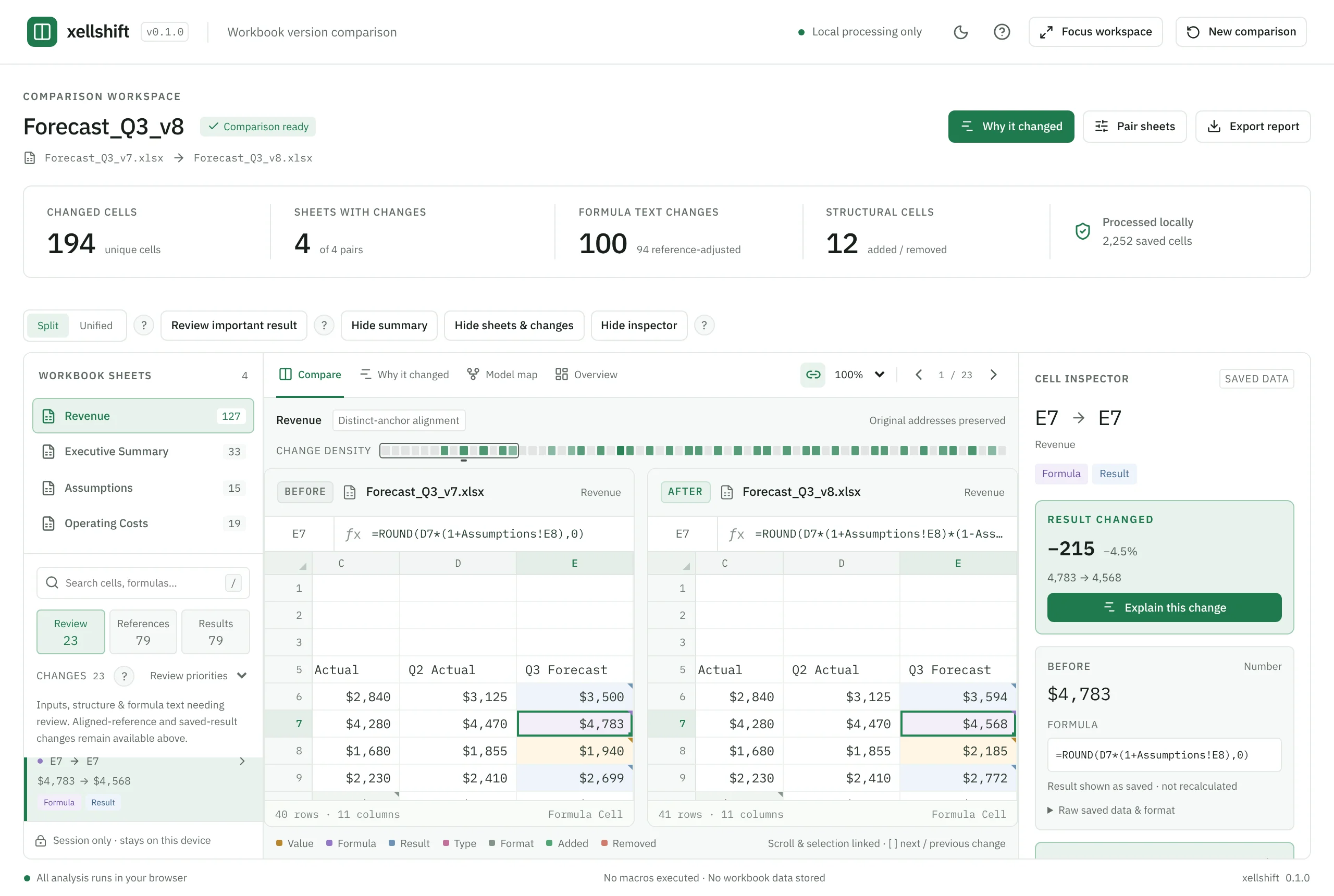 The xellshift workspace in split view: the sheet list, the old and new sheets side by side, and the details of the selected cell.